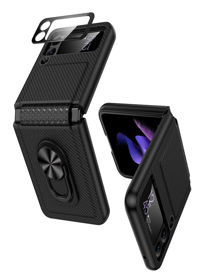 VEGO for Galaxy Z Flip 3 Stand Case with Hinge Protection, Full-Body Protective Case with Built-in Glass Camera Lens Protector for Samsung Galaxy Z Flip 3 5G (2021) - Carbon Fiber Black - Image 1