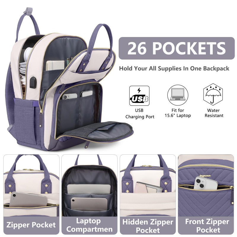 bagswan Laptop Backpack for Women Work Bag - 15.6 inch Travel Backpack Purse with USB Charger College Bookbag Waterproof Cute Casual Daypack Business Computer Backpacks for Teacher Nurse Beige Light Purple - Image 2