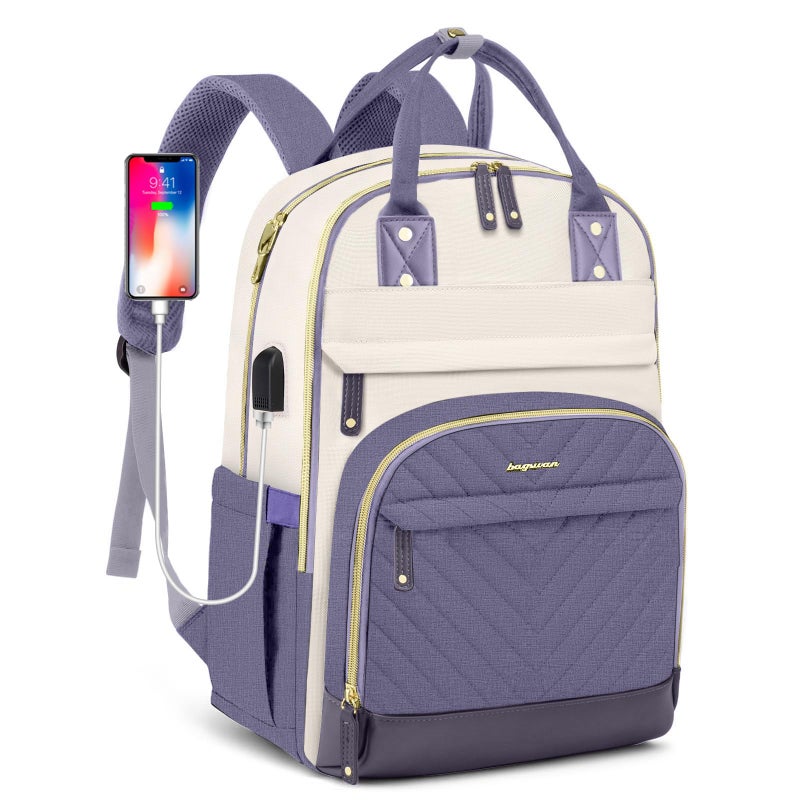 bagswan Laptop Backpack for Women Work Bag - 15.6 inch Travel Backpack Purse with USB Charger College Bookbag Waterproof Cute Casual Daypack Business Computer Backpacks for Teacher Nurse Beige Light Purple - Image 1