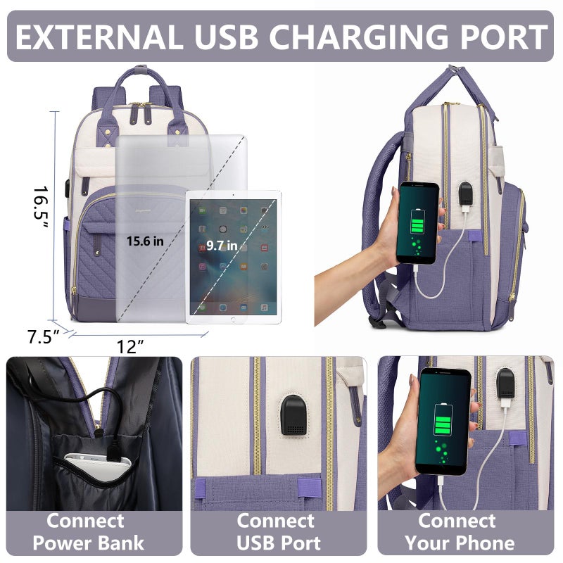 bagswan Laptop Backpack for Women Work Bag - 15.6 inch Travel Backpack Purse with USB Charger College Bookbag Waterproof Cute Casual Daypack Business Computer Backpacks for Teacher Nurse Beige Light Purple - Image 4