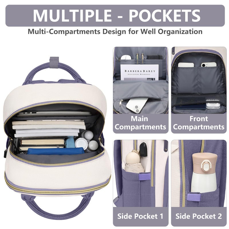 bagswan Laptop Backpack for Women Work Bag - 15.6 inch Travel Backpack Purse with USB Charger College Bookbag Waterproof Cute Casual Daypack Business Computer Backpacks for Teacher Nurse Beige Light Purple - Image 3