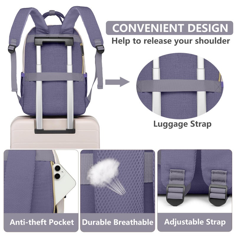 bagswan Laptop Backpack for Women Work Bag - 15.6 inch Travel Backpack Purse with USB Charger College Bookbag Waterproof Cute Casual Daypack Business Computer Backpacks for Teacher Nurse Beige Light Purple - Image 5