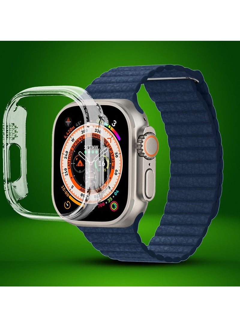 2 Packs For Apple Watch Band 49mm Leather Loop Band Magnetic Watch Strap Wristband and Clear Cup Holder Blue