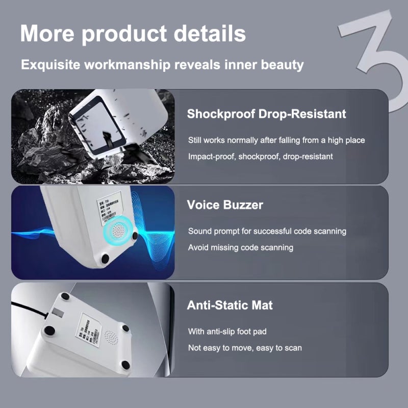 Desktop Barcode Scanner: USB Wired White Auto-Sensor Fast Sensitive Decoding - Large Scanning Window Hands-Free QR Code Scanner for Supermarket Restaurant Retail Store POS Checkout - Image 3