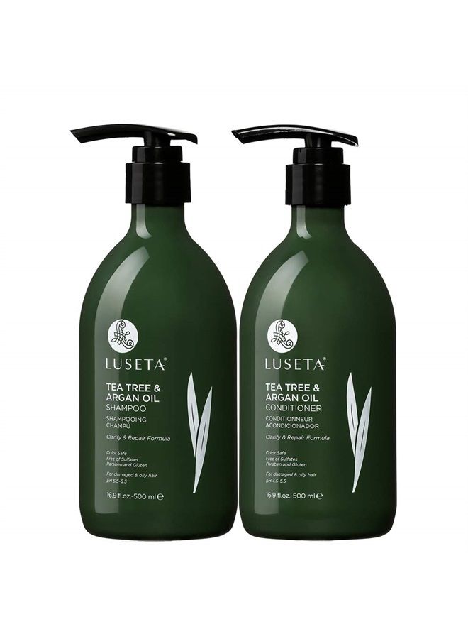 L LUSETA Luseta Tea Tree & Argan Oil Shampoo & Conditioner Set 2x16.9oz for Damaged and Oil Hair - Clarifying,Hydrating and Fighting Dandruff - Sulfate and Paraben Free for Men and Women - Image 1