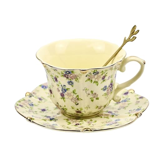 TATSUMI Country Roses 18 Peices Bone China Tea Cup And Saucer Set, English Vintage Tea Cups Of 6 For Women And Tea Party Sets(yellow,6 Sets) - Image 3