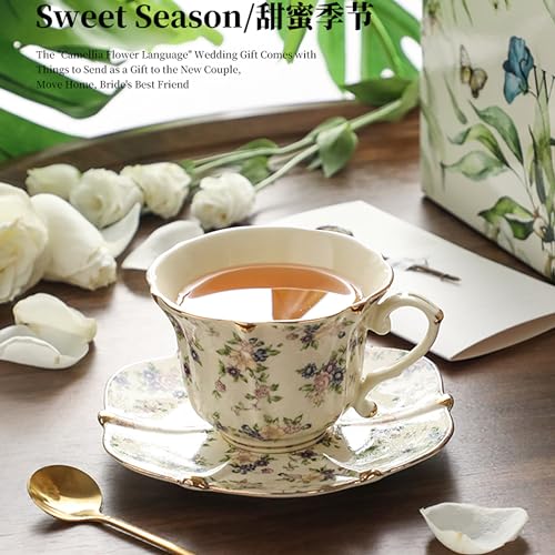 TATSUMI Country Roses 18 Peices Bone China Tea Cup And Saucer Set, English Vintage Tea Cups Of 6 For Women And Tea Party Sets(yellow,6 Sets) - Image 5