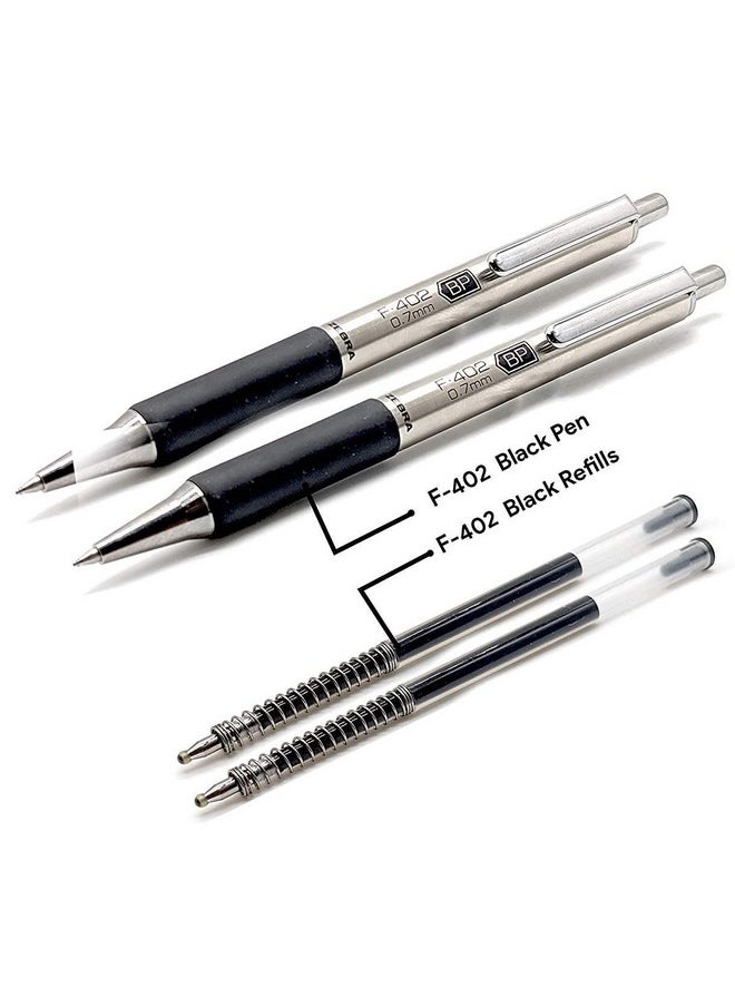 Zebra Pen - Fine Point F-402 Ballpoint Stainless Steel Pen, 0.7Mm Black Ink, 2 Black Ink Retractable Metal Pens With 2 Black Ink Refills In Pack. - Image 1