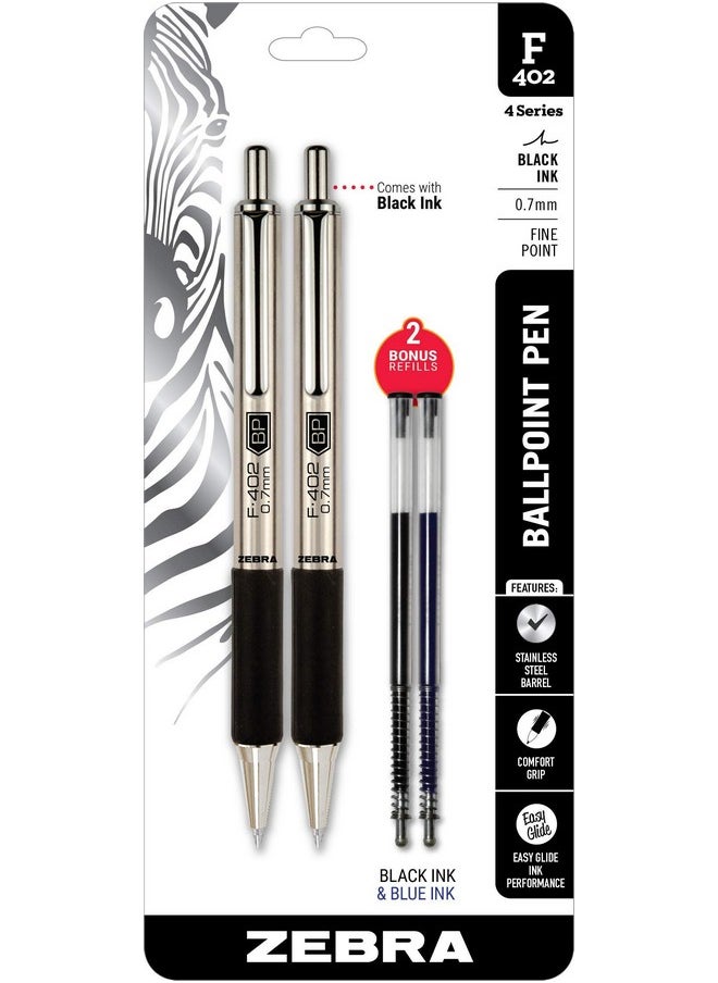 Zebra Pen - Fine Point F-402 Ballpoint Stainless Steel Pen, 0.7Mm Black Ink, 2 Black Ink Retractable Metal Pens With 2 Black Ink Refills In Pack. - Image 1