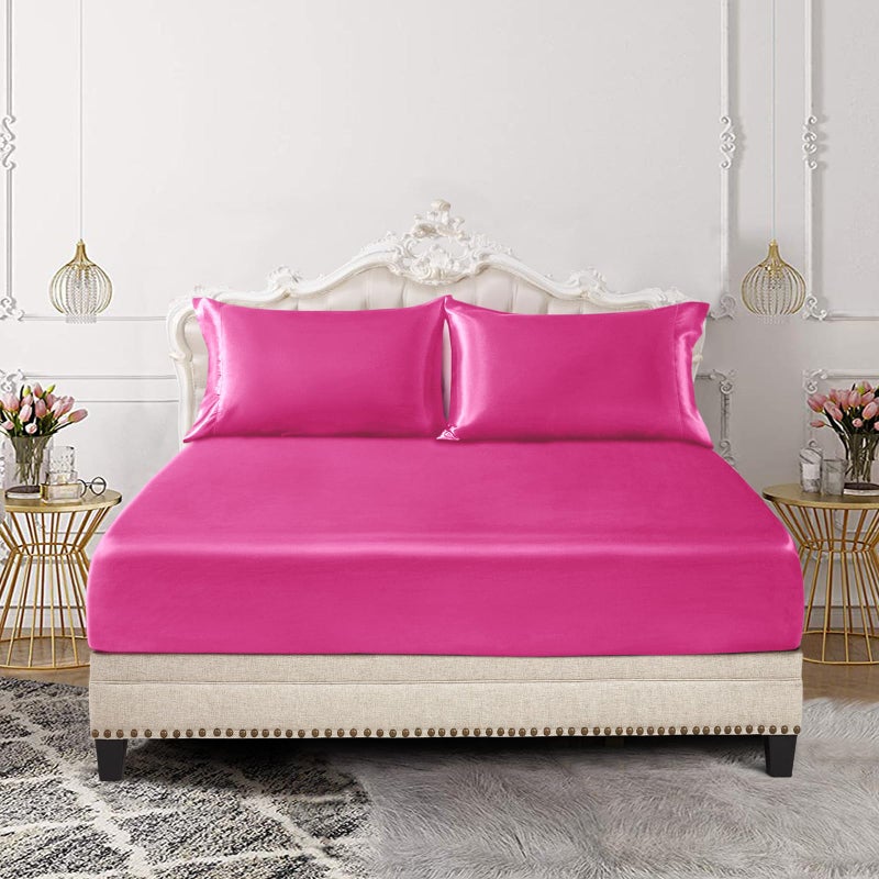 Siinvdabzx 3-Piece Set Satin Twin Fitted Sheet & 2 Pillowcase  Hot Pink Silky Soft Fitted Bottom Sheet  Wrinkle Free  Fade Resistant  Deep Pocket Bed Sheet (Deep Up To 15"") - Image 2