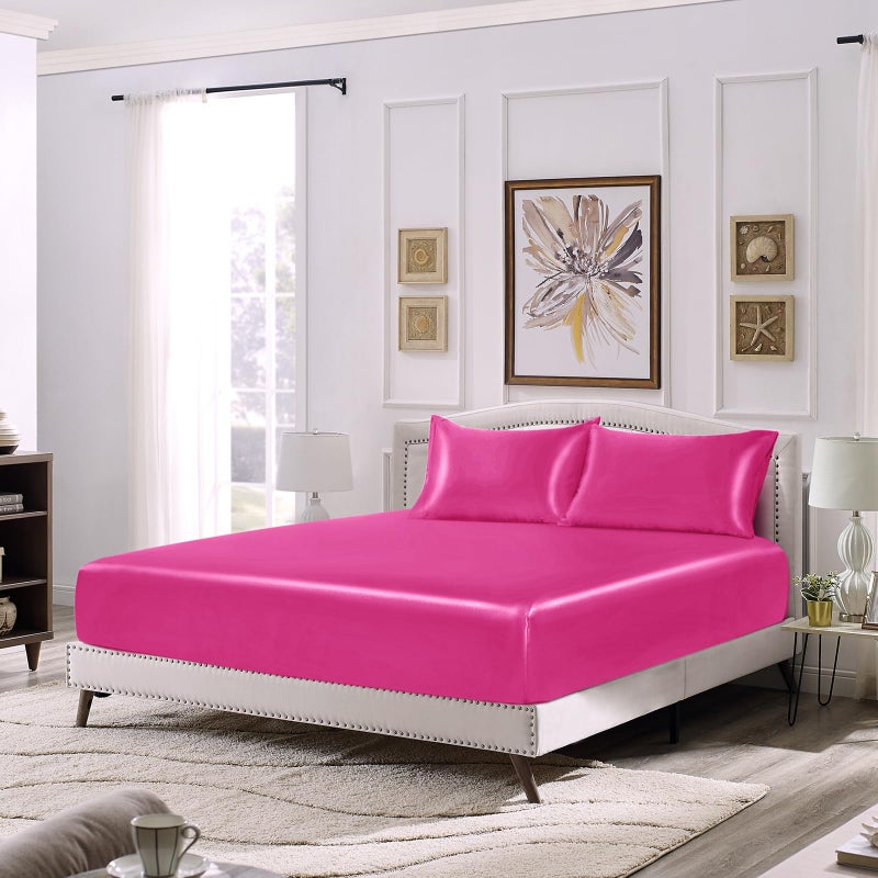 Siinvdabzx 3-Piece Set Satin Twin Fitted Sheet & 2 Pillowcase  Hot Pink Silky Soft Fitted Bottom Sheet  Wrinkle Free  Fade Resistant  Deep Pocket Bed Sheet (Deep Up To 15"") - Image 4