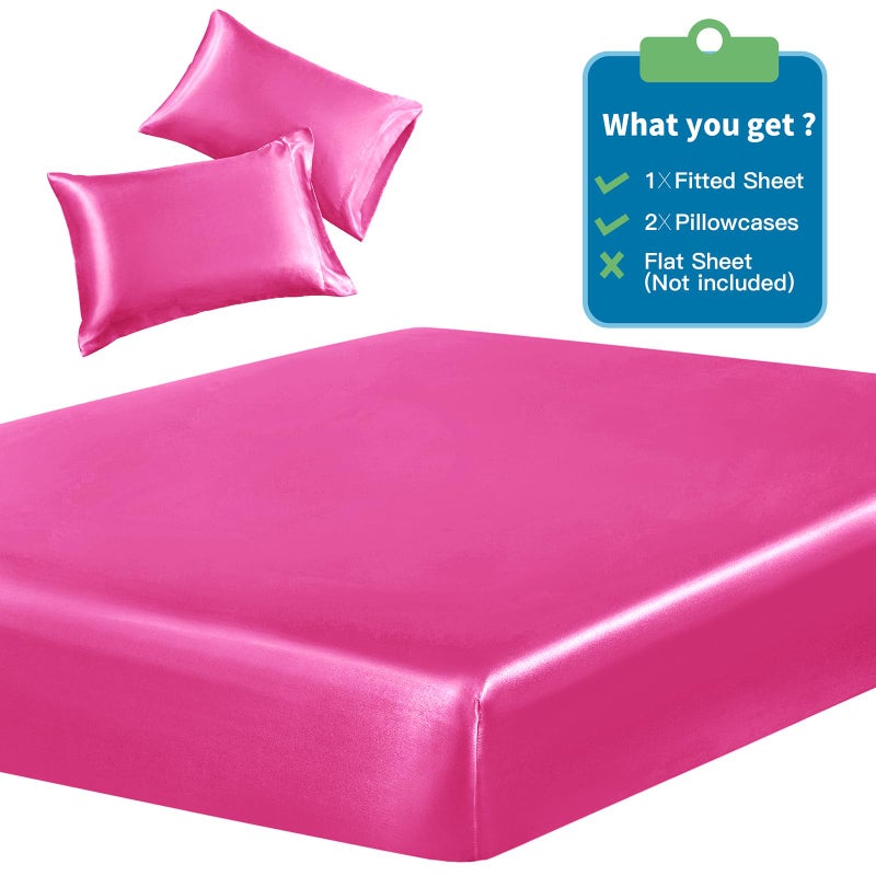 Siinvdabzx 3-Piece Set Satin Twin Fitted Sheet & 2 Pillowcase  Hot Pink Silky Soft Fitted Bottom Sheet  Wrinkle Free  Fade Resistant  Deep Pocket Bed Sheet (Deep Up To 15"") - Image 3