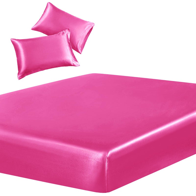 Siinvdabzx 3-Piece Set Satin Twin Fitted Sheet & 2 Pillowcase  Hot Pink Silky Soft Fitted Bottom Sheet  Wrinkle Free  Fade Resistant  Deep Pocket Bed Sheet (Deep Up To 15"") - Image 1