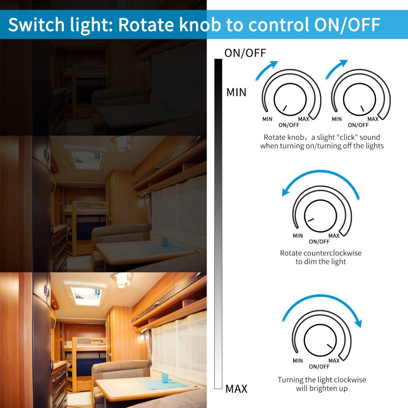 VIPMOON 12V Dimmer Switch RV Dimmer Switch PWM On Off LED Light Dimmer Switch Low Voltage for Puck Light, Awning Light, Led Strip Light, Camper Light, Camper Van Travel Trailer Truck Cabin Lighting - Image 4