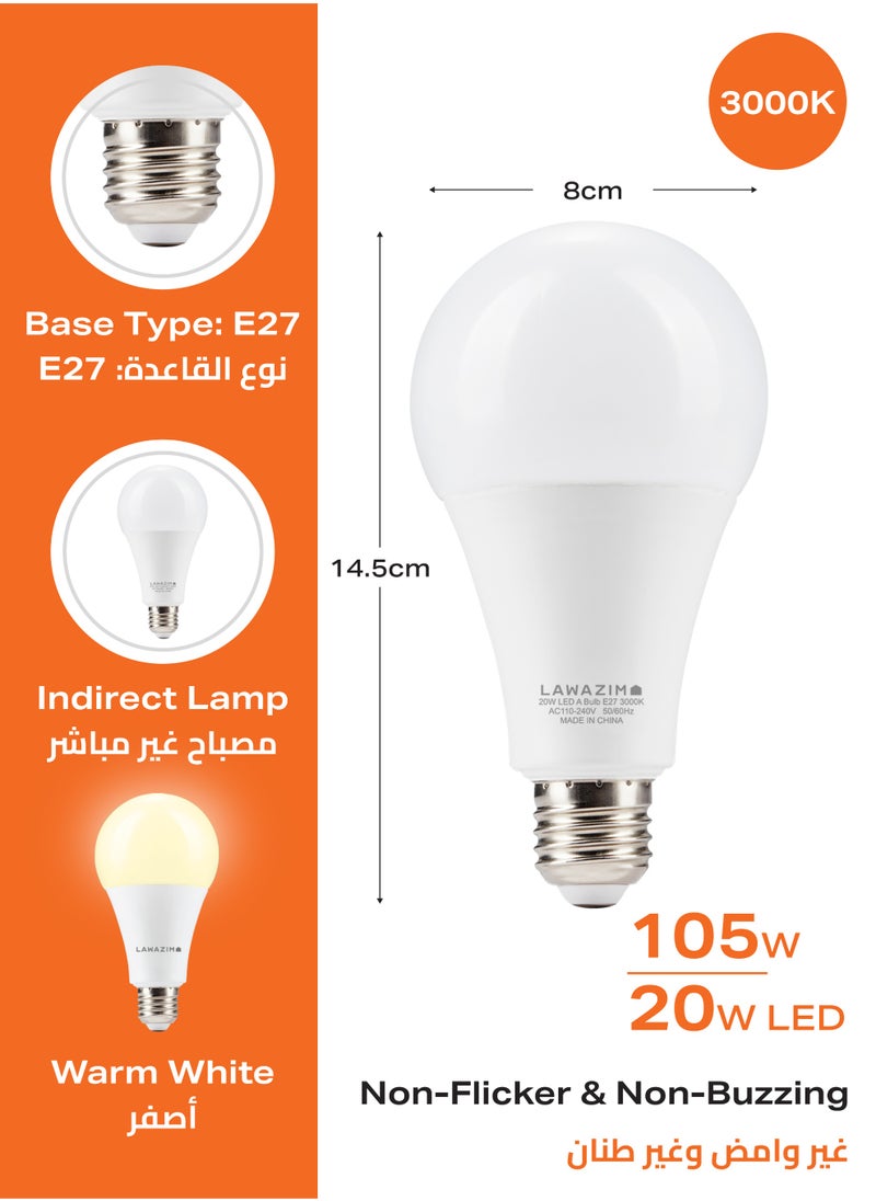 لوازم - طقم لمبة 20 واط مكون من قطعتين - 3000K أصفر - LED بحجم A80 بقاعدة E27، تعادل 105 واط، موفرة للطاقة، غير قابلة للتعتيم، سطوع 1600 لومن، عمر طويل 15,000 ساعة، مناسبة للإضاءة الداخلية في المنازل، المطابخ، وغرف النوم - Image 1