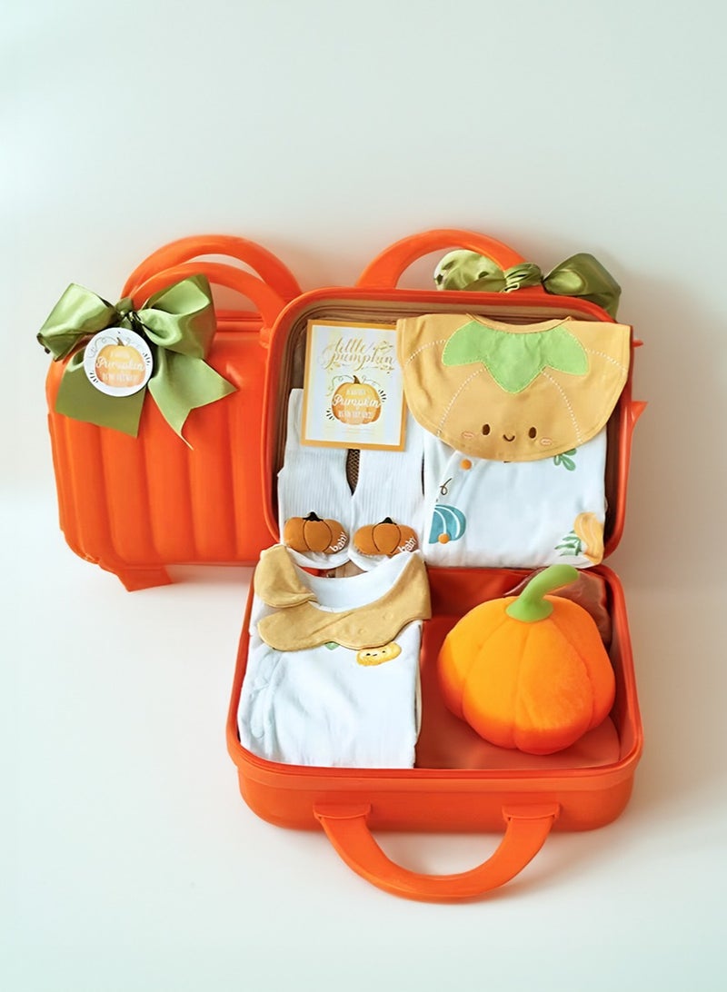 Pumpkin Themed Newborn Baby Gift Set – 2 Jumpsuits, Plush Pumpkin Doll, Bib, Blessing Card, Socks, & Pumpkin-Shaped Suitcase for Boys & Girls  - Image 1