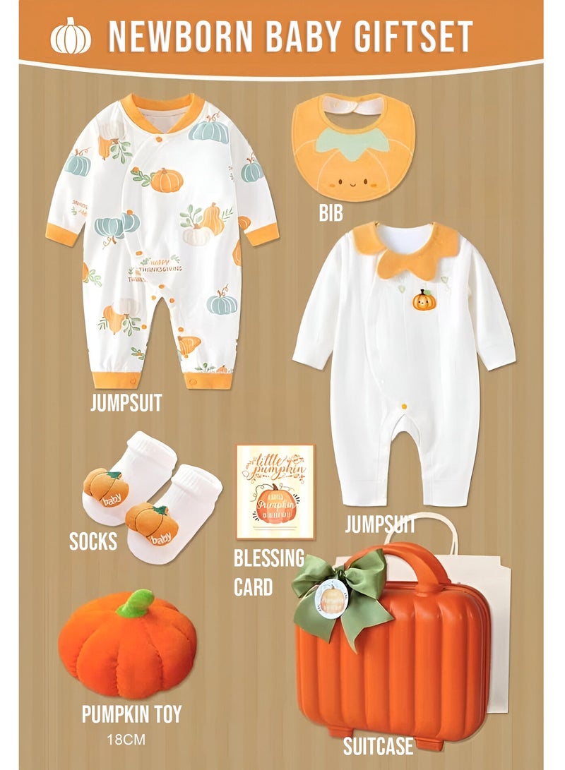 Pumpkin Themed Newborn Baby Gift Set – 2 Jumpsuits, Plush Pumpkin Doll, Bib, Blessing Card, Socks, & Pumpkin-Shaped Suitcase for Boys & Girls  - Image 2