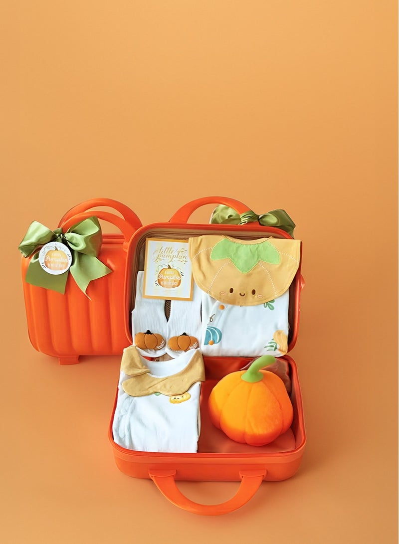 Pumpkin Themed Newborn Baby Gift Set – 2 Jumpsuits, Plush Pumpkin Doll, Bib, Blessing Card, Socks, & Pumpkin-Shaped Suitcase for Boys & Girls  - Image 3