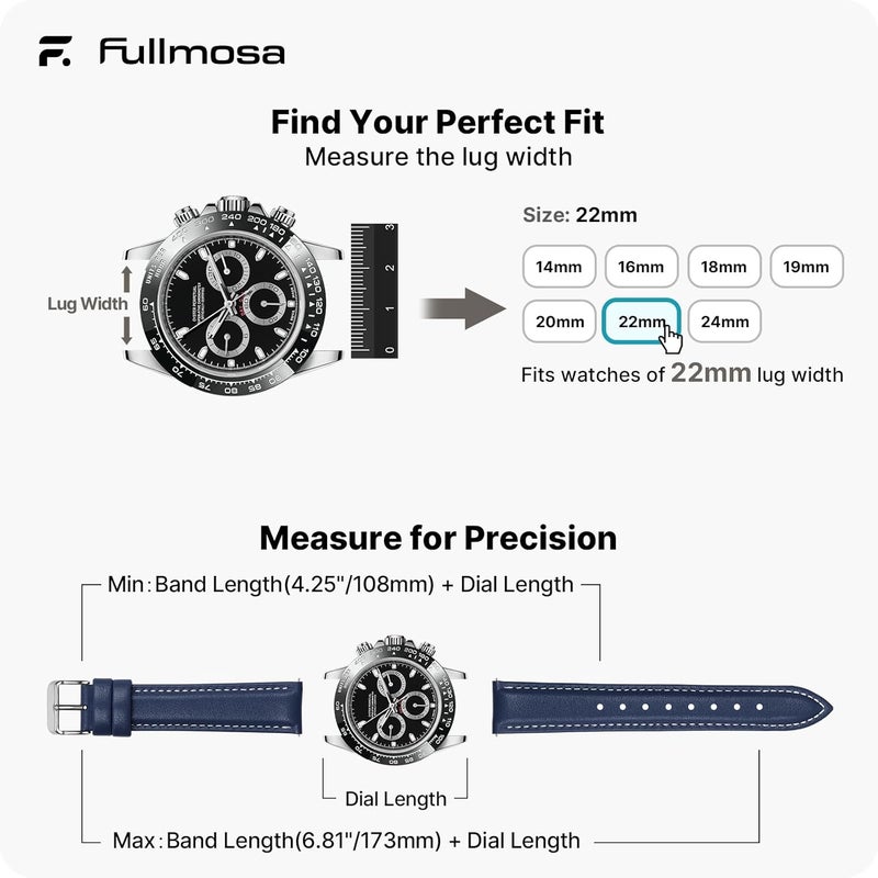 Fullmosa 12 Colors for Quick Release Leather Watch Band, Axus Genuine Leather Watch Strap 22mm Dark Blue - Image 5