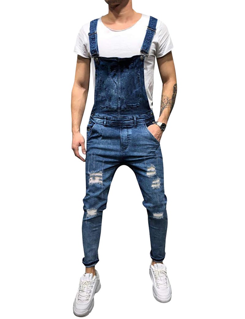 LONGBIDA Men's Denim Bib Overalls Fashion Slim Fit Jumpsuit with Pockets(Dark Blue,L) - Image 1