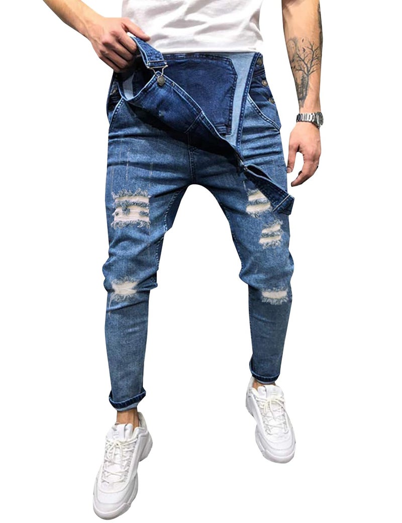 LONGBIDA Men's Denim Bib Overalls Fashion Slim Fit Jumpsuit with Pockets(Dark Blue,L) - Image 2