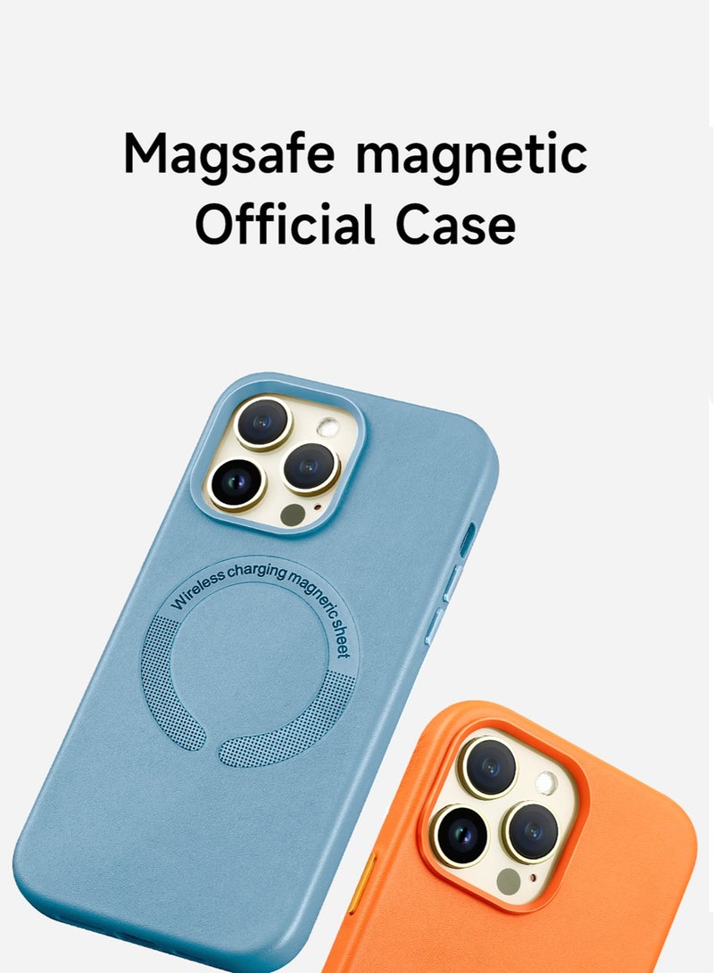 Wtech Luxury Leather Magnetic Wireless Charging Original MagSafe Shockproof Case Cover For Apple IPhone 15 Pro Max 2023 Sky Blue - Image 2