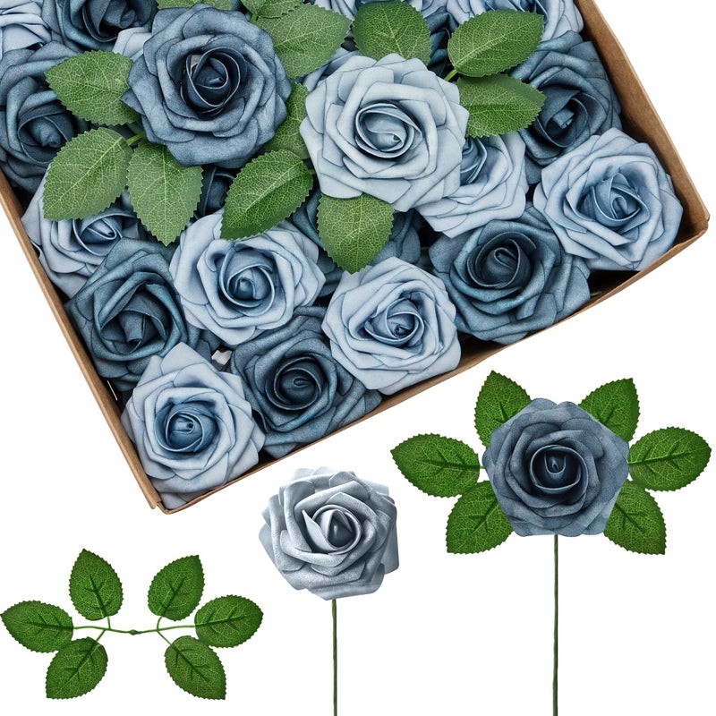 InnoGear Artificial Roses Foam Flowers  50 Pcs Dusty Blue Shades Roses Artificial Flowers Fake Roses for Decoration DIY Wedding Bouquets Centerpieces Bridal Shower Party Valentine's Day Christmas Xmas - Image 1