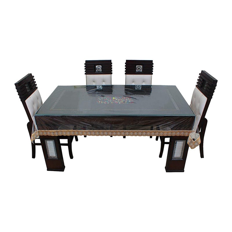 HOMECROWN Waterproof PVC Plastic 6 Seater Rectangular Bordered Dining Table Cover with Embroidered Golden Lace Border Size 90x60 Inch ClearTransparent Pack of 1 - Image 1
