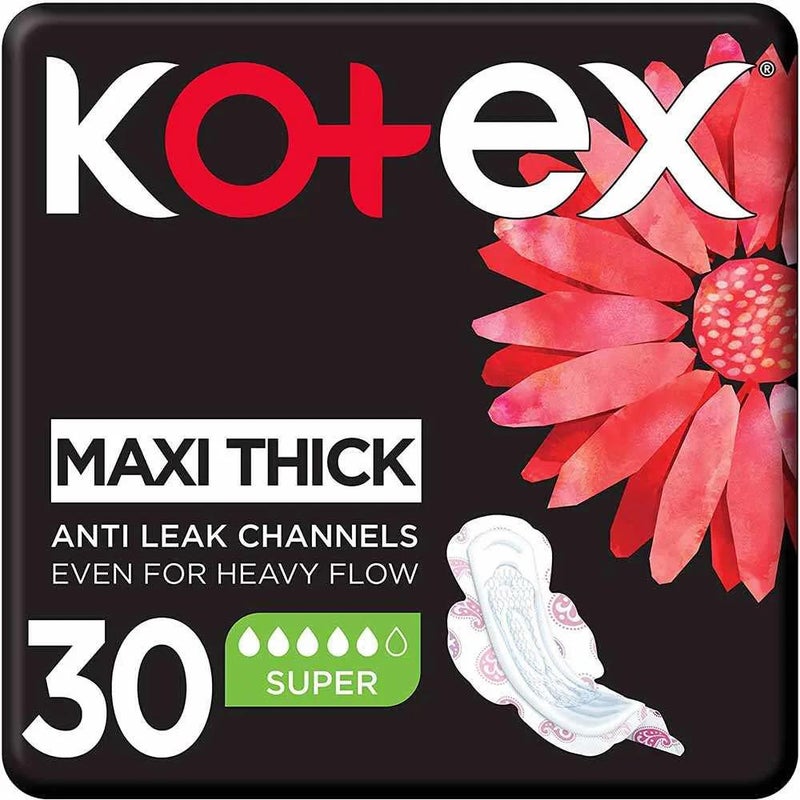 Kotex Maxi Thick Pads, Anti-Leak Channel- 30 Pads - Image 1