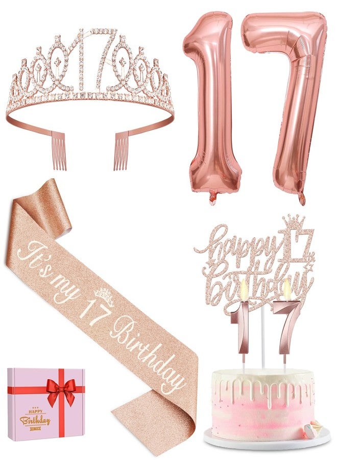 YeohJoy 17th Birthday Decorations for Girl Including 17th Birthday Tiara and Sash, 17 Birthday Candles and Cake Topper, 17th Birthday Balloons and 3D Birthday Card for 17 Year Old Birthday Party - Image 1