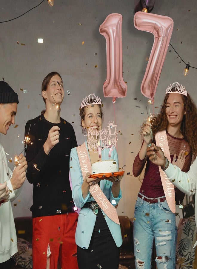 YeohJoy 17th Birthday Decorations for Girl Including 17th Birthday Tiara and Sash, 17 Birthday Candles and Cake Topper, 17th Birthday Balloons and 3D Birthday Card for 17 Year Old Birthday Party - Image 2