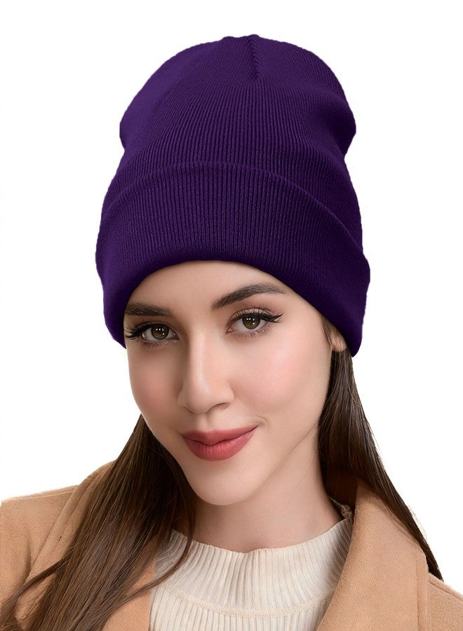 Roybens Satin Lined Beanie Hat for Women Men, Wool Knit Cuffed Silk Lining Fisherman Beanies Slouchy Warm Winter Hats Skull Cap Unisex, Dark Purple - Image 1