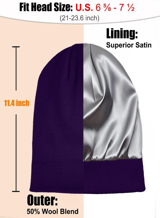 Roybens Satin Lined Beanie Hat for Women Men, Wool Knit Cuffed Silk Lining Fisherman Beanies Slouchy Warm Winter Hats Skull Cap Unisex, Dark Purple - Image 3