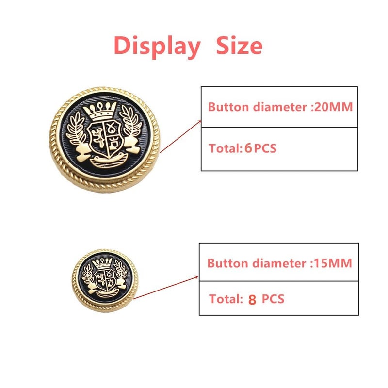 MebuZip 14 Pieces Black Gold Metal Blazer Button Set 15mm 20mm for Blazers, Suits, Sport Coats, Uniform, Jackets (MBM22) - Image 4