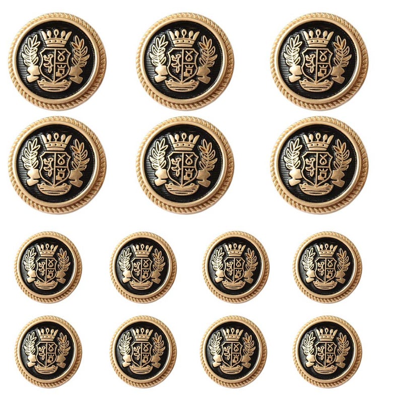 MebuZip 14 Pieces Black Gold Metal Blazer Button Set 15mm 20mm for Blazers, Suits, Sport Coats, Uniform, Jackets (MBM22) - Image 1