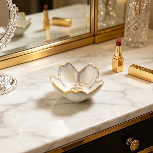 zerokyclan Decorative Flower Ring Dish - Small Ceramic Tray for Trinkets & Keys, Vintage Floral Sculpture Home Decor Accent for Bedside, Bathroom, Office (grey) - Image 3