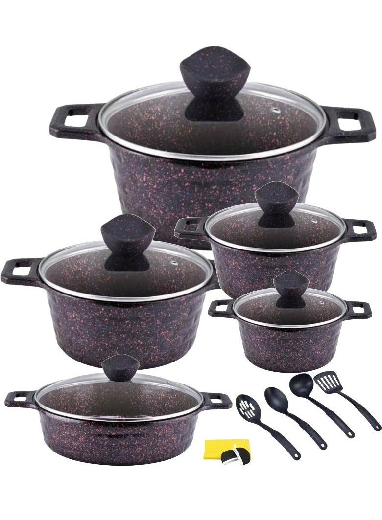 DESSINI 17-Pieces Granite Coated Cookware Set Includes 20, 24, 28, 32cm Casserole Pot with Lid, 32cm Shallow Casserole Pot and 7 Pieces Cooking Accessories