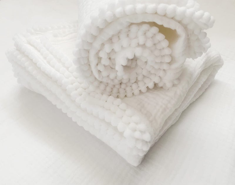 GanGan JH-YiSheng Cotton Muslin Baby Pompom Blanket,Summer Bed Sheet,Cotton Bath Towel Baby Receiving Blanket 29.5@ (White) - Image 3