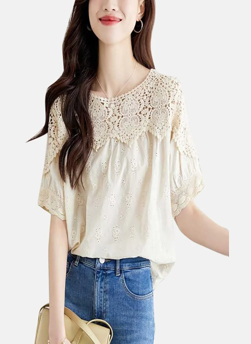 YUNIQEE Beige Solid Relaxed Short Sleeve Top