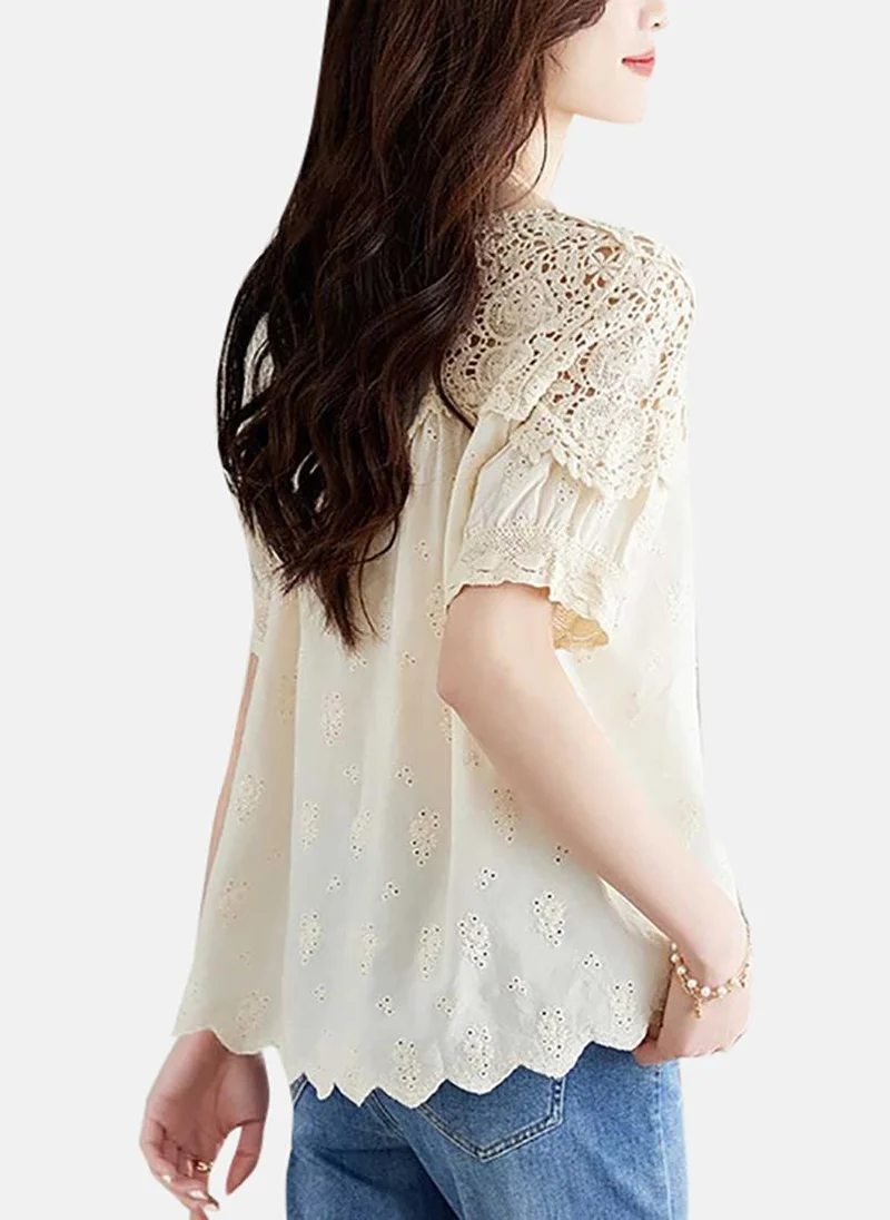 يونيكي Beige Solid Relaxed Short Sleeve Top