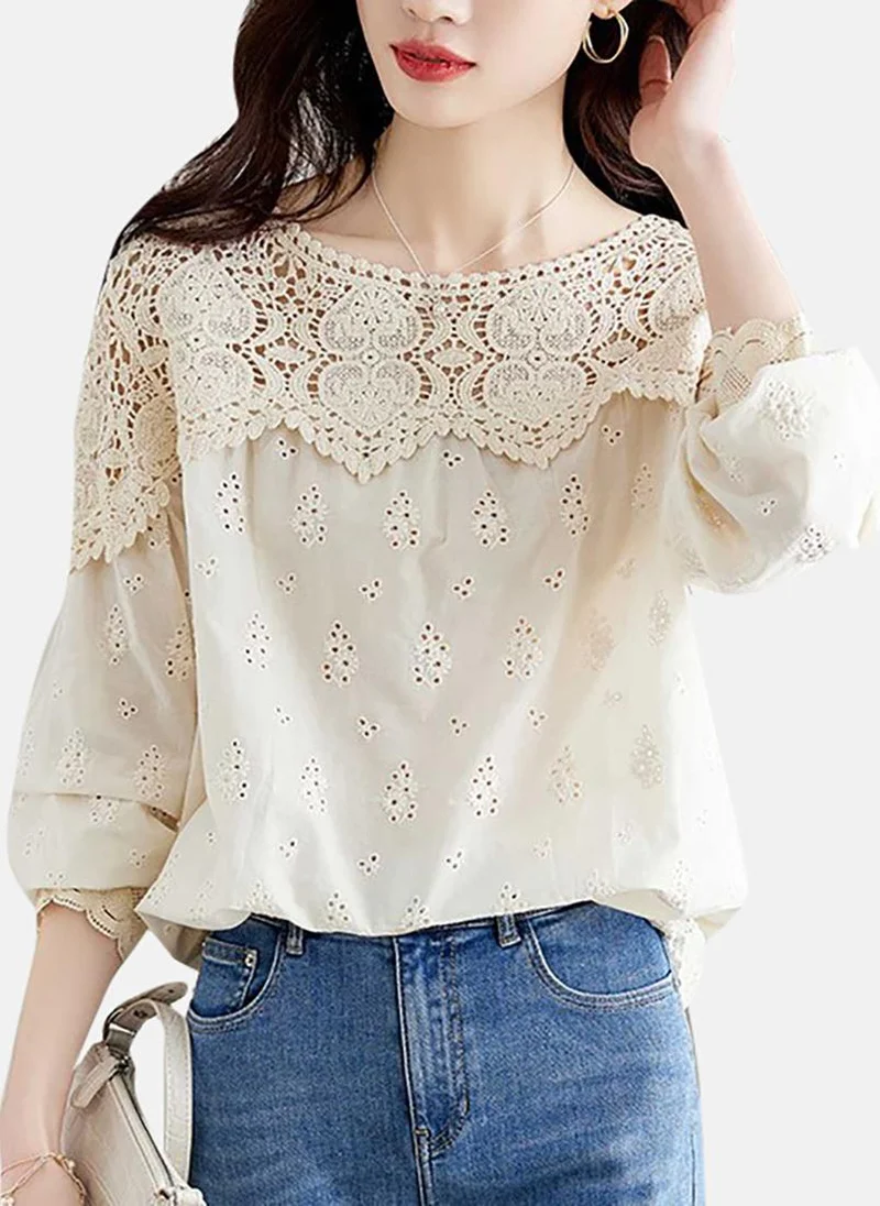 يونيكي Beige Solid Relaxed Short Sleeve Top