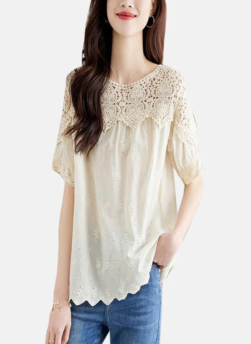 يونيكي Beige Solid Relaxed Short Sleeve Top