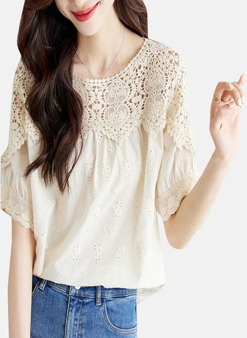 YUNIQEE Beige Solid Relaxed Short Sleeve Top