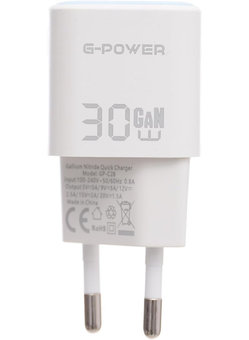 جي باور شاحن سريع G-Power GP-C28 بقوة 30 واط بمنفذ USB-C واحد، متوافق مع أجهزة iPhone 14/14 Plus/14 Pro/14 Pro Max/13، وGalaxy، وPixel 4/3، وiPad - أبيض/أزرق - Image 2