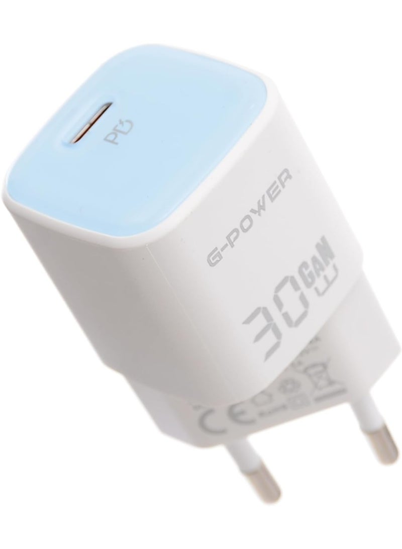 جي باور شاحن سريع G-Power GP-C28 بقوة 30 واط بمنفذ USB-C واحد، متوافق مع أجهزة iPhone 14/14 Plus/14 Pro/14 Pro Max/13، وGalaxy، وPixel 4/3، وiPad - أبيض/أزرق - Image 1