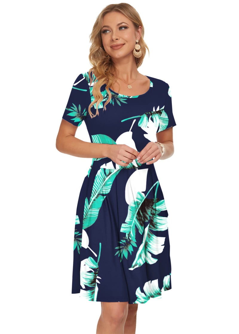 AUSELILY Women's Short Sleeve Summer Dress Pleated Loose Swing Knee Length Dresses with Pockets 2026 New Print Blue S - Image 4