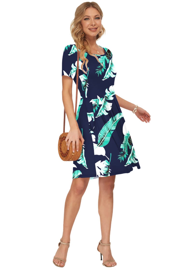 AUSELILY Women's Short Sleeve Summer Dress Pleated Loose Swing Knee Length Dresses with Pockets 2026 New Print Blue S - Image 2