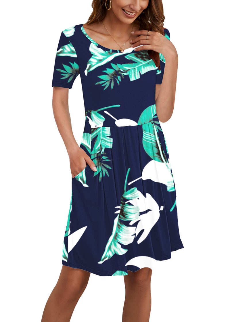 AUSELILY Women's Short Sleeve Summer Dress Pleated Loose Swing Knee Length Dresses with Pockets 2026 New Print Blue S - Image 3