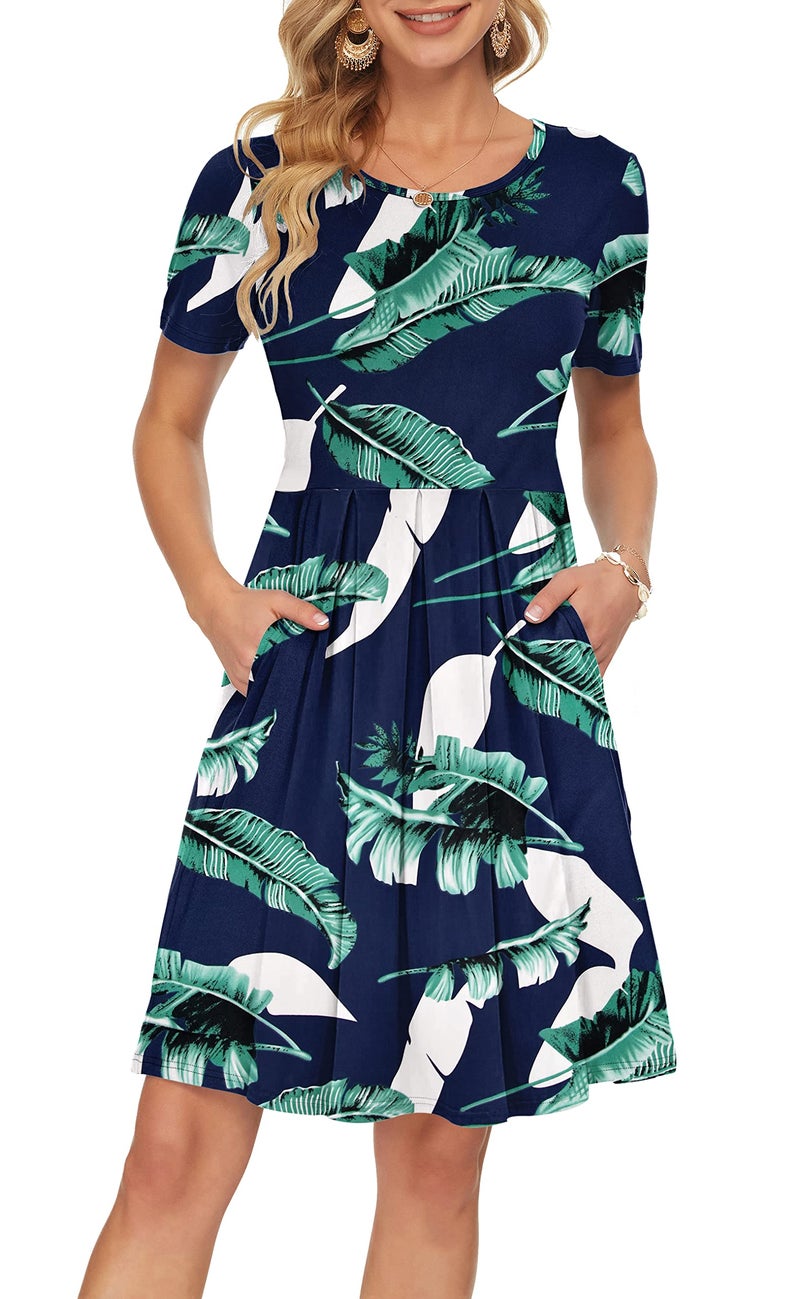 AUSELILY Women's Short Sleeve Summer Dress Pleated Loose Swing Knee Length Dresses with Pockets 2026 New Print Blue S - Image 1