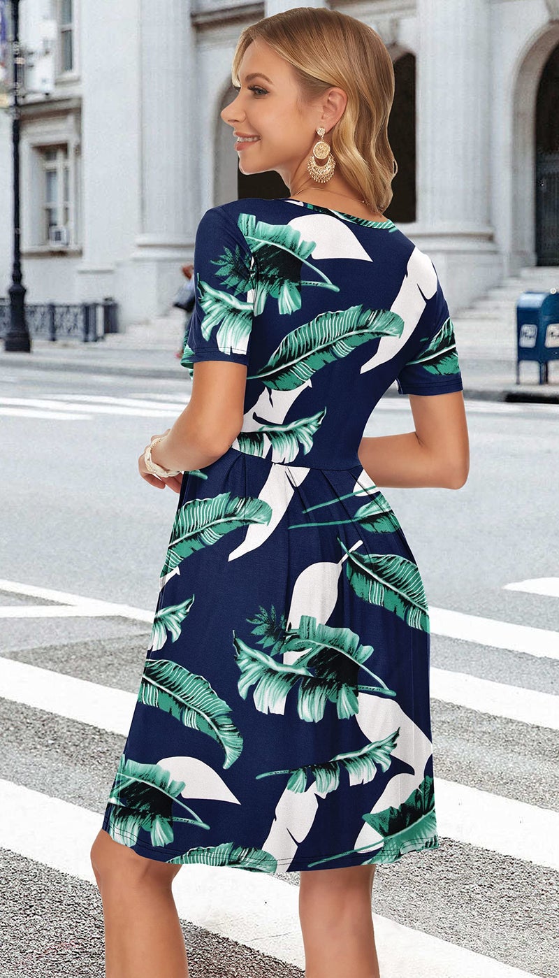 AUSELILY Women's Short Sleeve Summer Dress Pleated Loose Swing Knee Length Dresses with Pockets 2026 New Print Blue S - Image 5